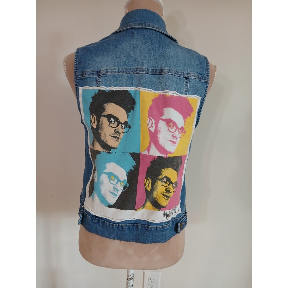 Artisan NY Womens Morrissey Pop Art Denim Vest Blue Medium Wash Stretch Size M